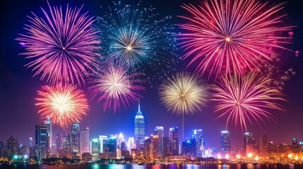Fototapeta premium Cityscape with Colorful Fireworks Display over Water