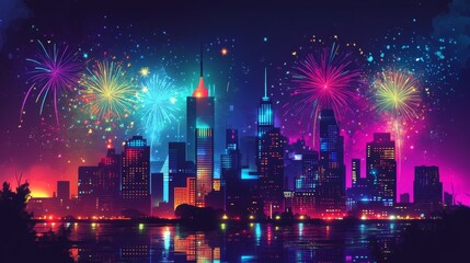 Fototapeta premium Neon Cityscape with Fireworks Reflecting on Water