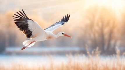 Obraz premium White beautiful stork flying over the lake in the morning.