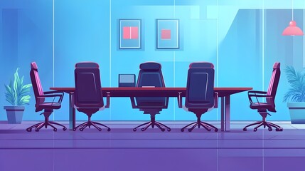 Sophisticated conference room featuring a long table surrounded by modern office chairs with minimal decor elements and clean lines for a professional and productive workspace