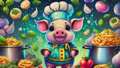 Fototapeta premium oil painting style cartoon character illustration multicolored portrait cute baby pig in a chef costume surrounded by pans 