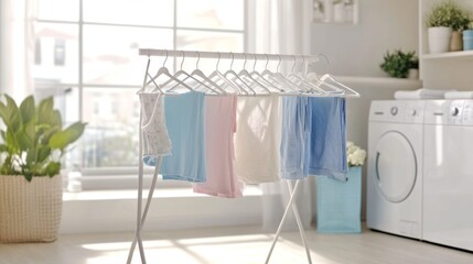A modern clothes drying rack set up in a bright, clean laundry room with freshly washed clothes hanging to dry.9