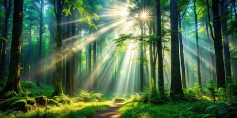 Fototapeta premium Beautiful deep forest scene with a light beam in woodland perfect for a background, Forest, trees, nature, beauty, serene