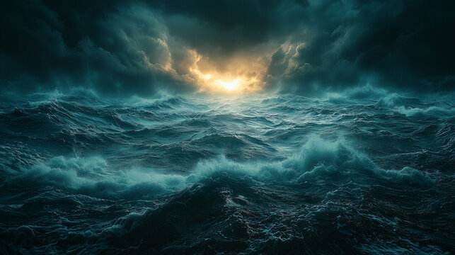 A cinematic view of stormy, dark clouds rolling over the ocean, with a faint light breaking through the horizon. Smooth details and noise reduction create a dramatic seascape.