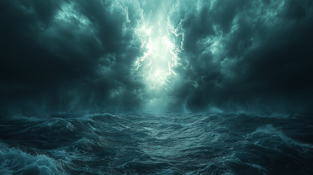 A cinematic view of stormy, dark clouds rolling over the ocean, with a faint light breaking through the horizon. Smooth details and noise reduction create a dramatic seascape.