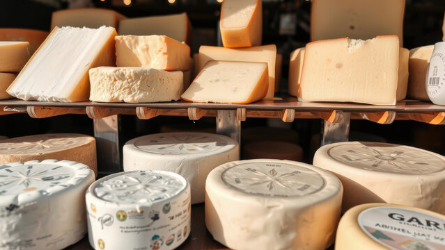 Assortment of Artisan Cheeses on Wooden Shelves