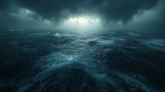A cinematic view of stormy, dark clouds rolling over the ocean, with a faint light breaking through the horizon. Smooth details and noise reduction create a dramatic seascape.