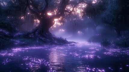 Naklejka premium mystical swamp scene with bioluminescent flora twisted tree roots misty water surface fantasy game environment ethereal atmosphere