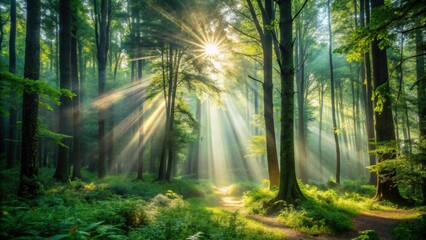 Fototapeta premium Beautiful deep forest with a sunbeam filtering through the trees, nature, forest, woodland, sunlight, trees, greenery
