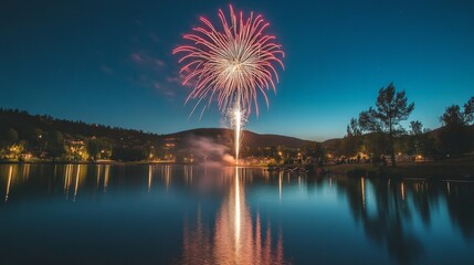 Fireworks Display Reflected in a Lake at Night