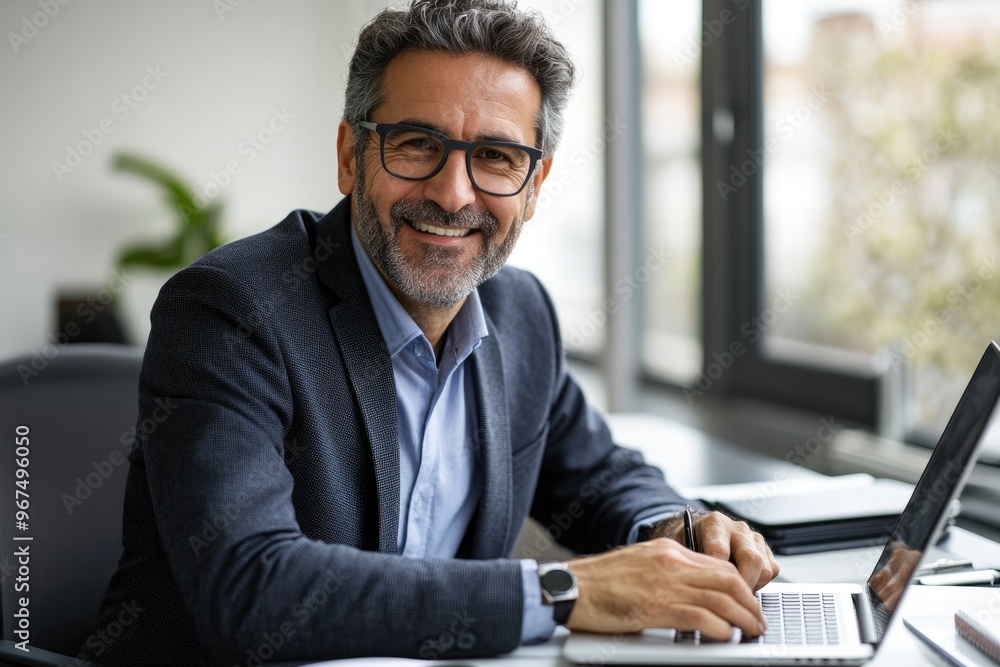Poster a businessman sitting at a desk with a laptop and notebook in an office, smiling at the camera while