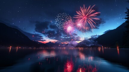 Fireworks Reflecting in a Mountain Lake at Night