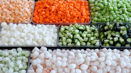 Five containers display a colorful assortment of frozen vegetables atop a clean white surface, emphasizing the freshness and convenience of healthy meal preparation