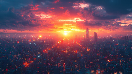 A dramatic cinematic sunset over a dark cityscape, with glowing lights illuminating the skyline. Smooth textures and noise reduction highlight the urban atmosphere.