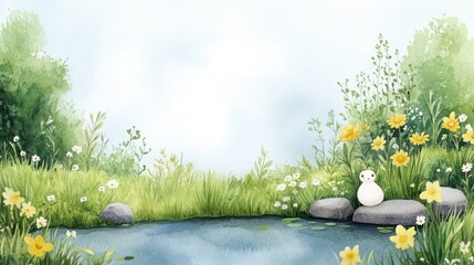 A serene landscape featuring a tranquil pond, vibrant flowers, and lush greenery, perfect for nature-themed projects.