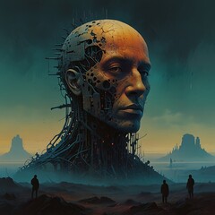 An abstract Beksinski painting with cyberpunk features 