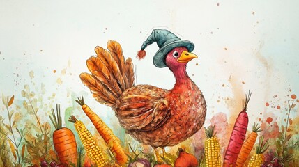 A whimsical Thanksgiving greeting card featuring a cartoon turkey in a pilgrim hat and cheerful vegetables in autumn colors