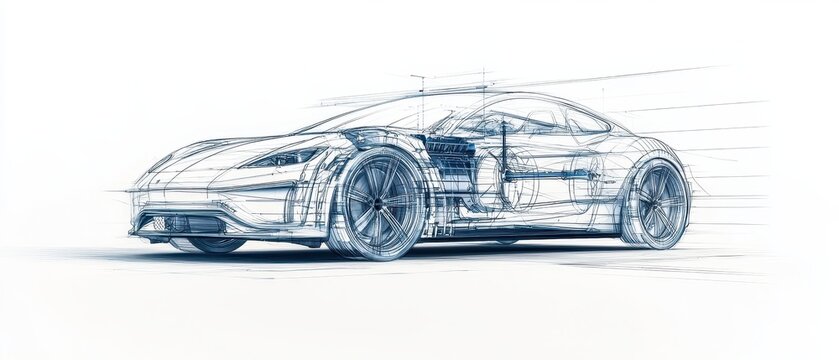 Wireframe of a highspeed electric car, with elements of renewable energy merging into its design
