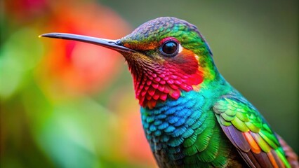 Obraz premium Vibrant hummingbird with red and green feathers, hummingbird, red, green, feathers, vibrant, colorful, bird, wildlife, nature