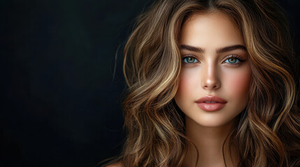 Fototapeta premium Beauty brown hair women with face for hair care product with copyspace