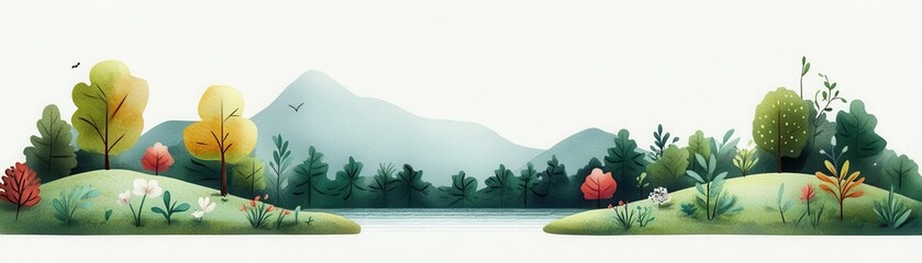 A serene landscape illustration featuring lush trees, colorful foliage, and distant mountains reflecting on a calm lake.