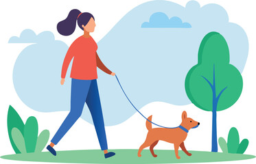 A woman is walking her dog in a park. The park is filled with trees and grass, creating a peaceful and relaxing atmosphere