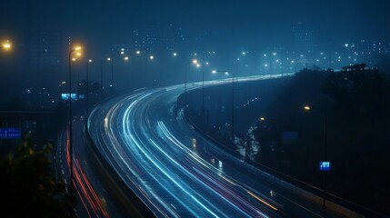 A night scene of an expressway illuminated by streetlights, with vehicles creating light trails and a sense of motion and activity.