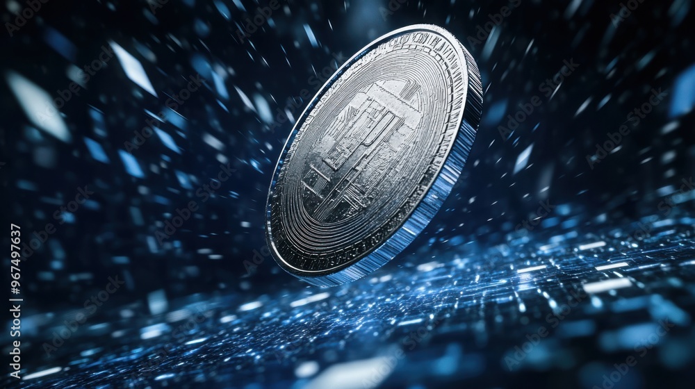 Poster a 3d rendering of a thai baht coin spinning in mid-air with a digital matrix backdrop.