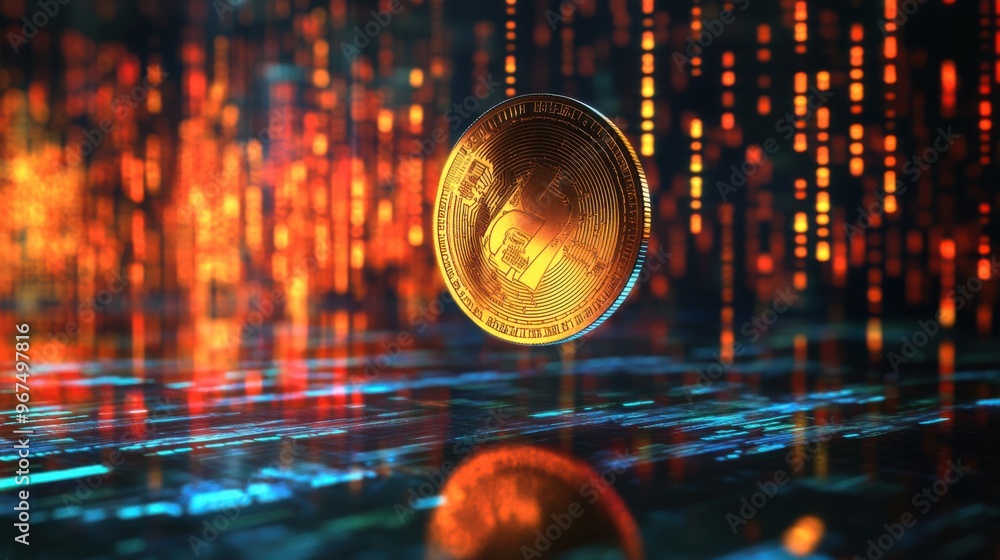 Poster a 3d rendering of a thai baht coin spinning in mid-air with a digital matrix backdrop.