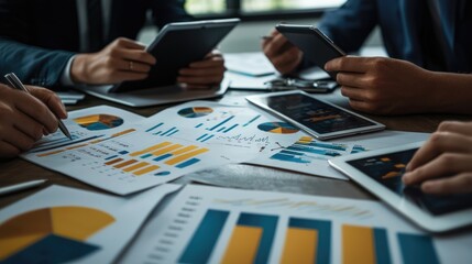 Business people having meeting analyzing financial documents using digital tablet