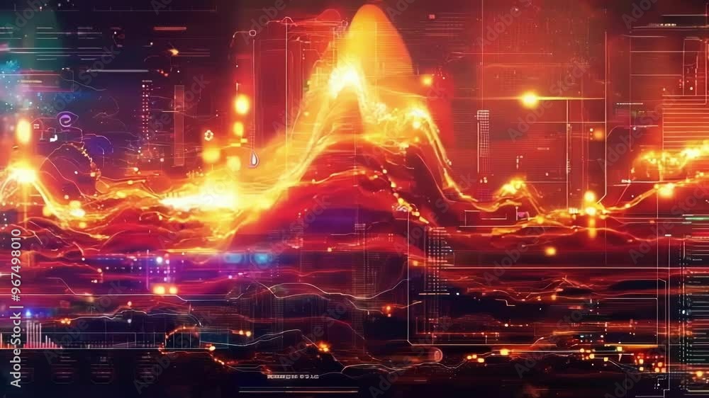 Poster abstract data flowing, forming a digital landscape with glowing charts and graphs, visualizing infor
