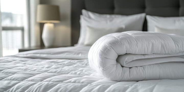 Minimalist bedroom with a neatly rolled white duvet on a crisp bed and soft lighting