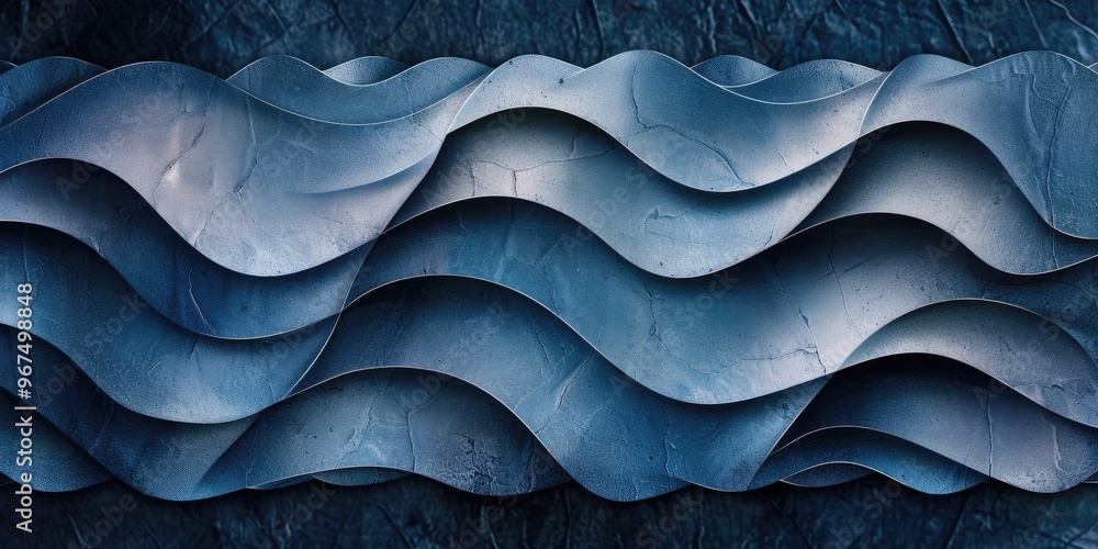Poster repeating wavy blue patterns on paper with black border and textured finish