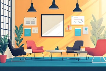 Cozy and inviting startup workspace with comfortable seating whiteboard for brainstorming and planning and modern minimalist furniture and decor  Perfect for collaborative meetings team discussions