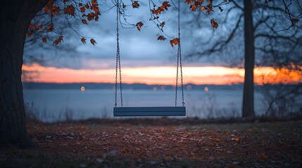 An empty swing set at sunset, silhouetted against the shimmering water.