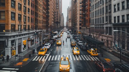 Bustling New York City Street with Yellow Taxis on a Rainy Day, Urban Landscape with High-Rise...