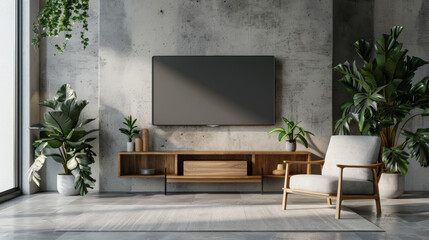 Mockup a cabinet TV wall mounted with armchair in living room