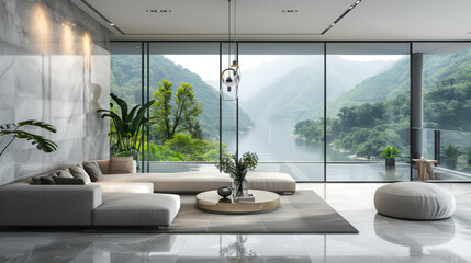 Fototapeta premium minimalist style luxury white living room with garden view