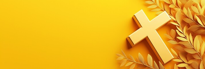 Fototapeta premium Golden Cross with Olive Branches on Yellow Background, Symbolizing Thanksgiving, Gratitude to God, Harvest Blessings, Faith, Spiritual Reflection