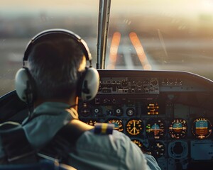 A pilot sits in the cockpit of an airplane