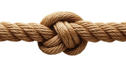 A thick brown rope with loose ends is tied in a knot as it rests above the tranquil surface of the sea, reflecting a peaceful moment of craftsmanship against nature