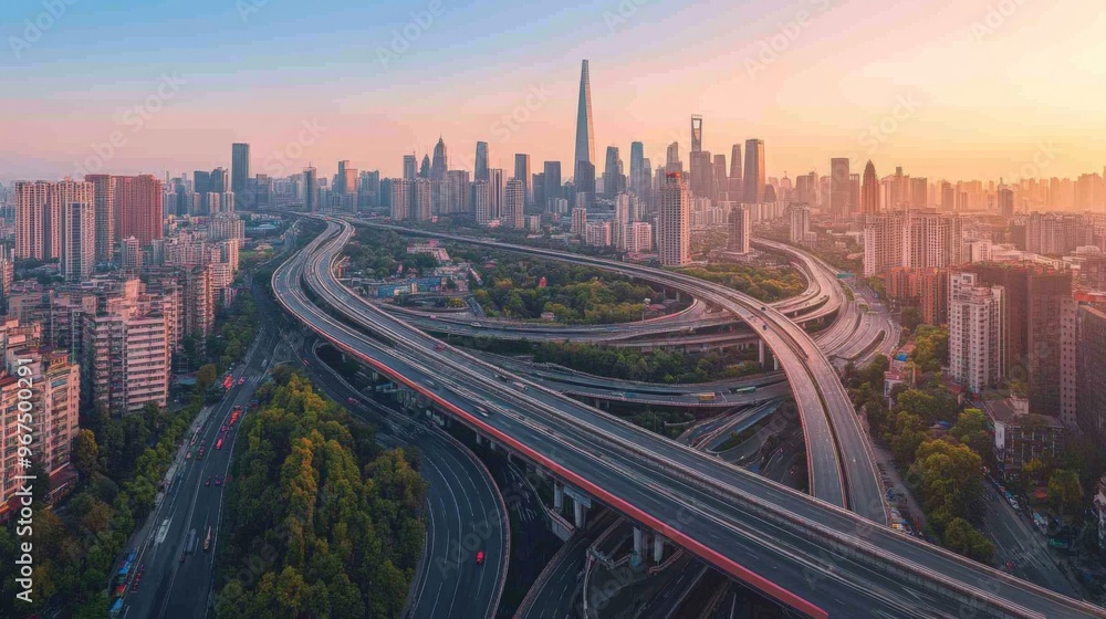 Poster a panoramic view of an expressway cutting through a cityscape, with tall buildings and urban landmar