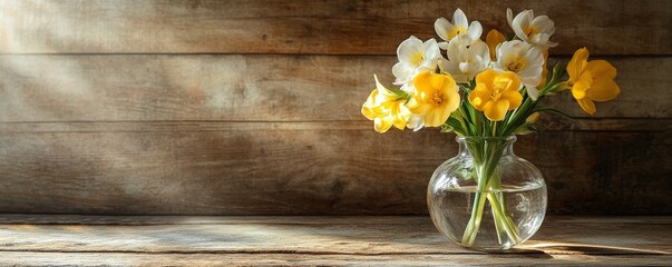 Glass vase with yellow and white flowers on wooden table, rustic decor. Home interior and natural beauty concept