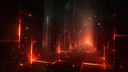 Fototapeta premium A digital corridor illuminated by glowing red lines and particles, creating a futuristic atmosphere.