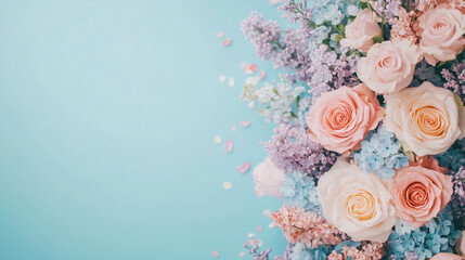 Beautiful flowers with a blue background and copy space. 