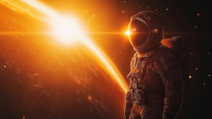 A lone astronaut in space stares at a glowing planets sunrise, surrounded by stars.