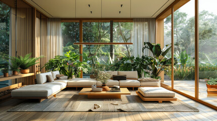 Obraz premium Interior design, modern natural wood living room featuring expansive floor-to-ceiling windows with sheer curtains