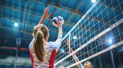 women volleyball players hit the ball using a spiked net