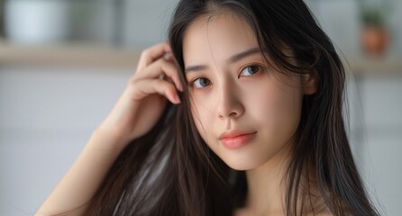 Fototapeta premium A beautiful Asian woman with long hair, touching her straight and smooth hairstyle in front of the mirror at home, white background, natural light