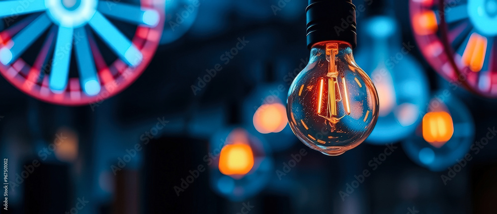 Poster close up of glowing light bulb in dark room with colorful bokeh in the background